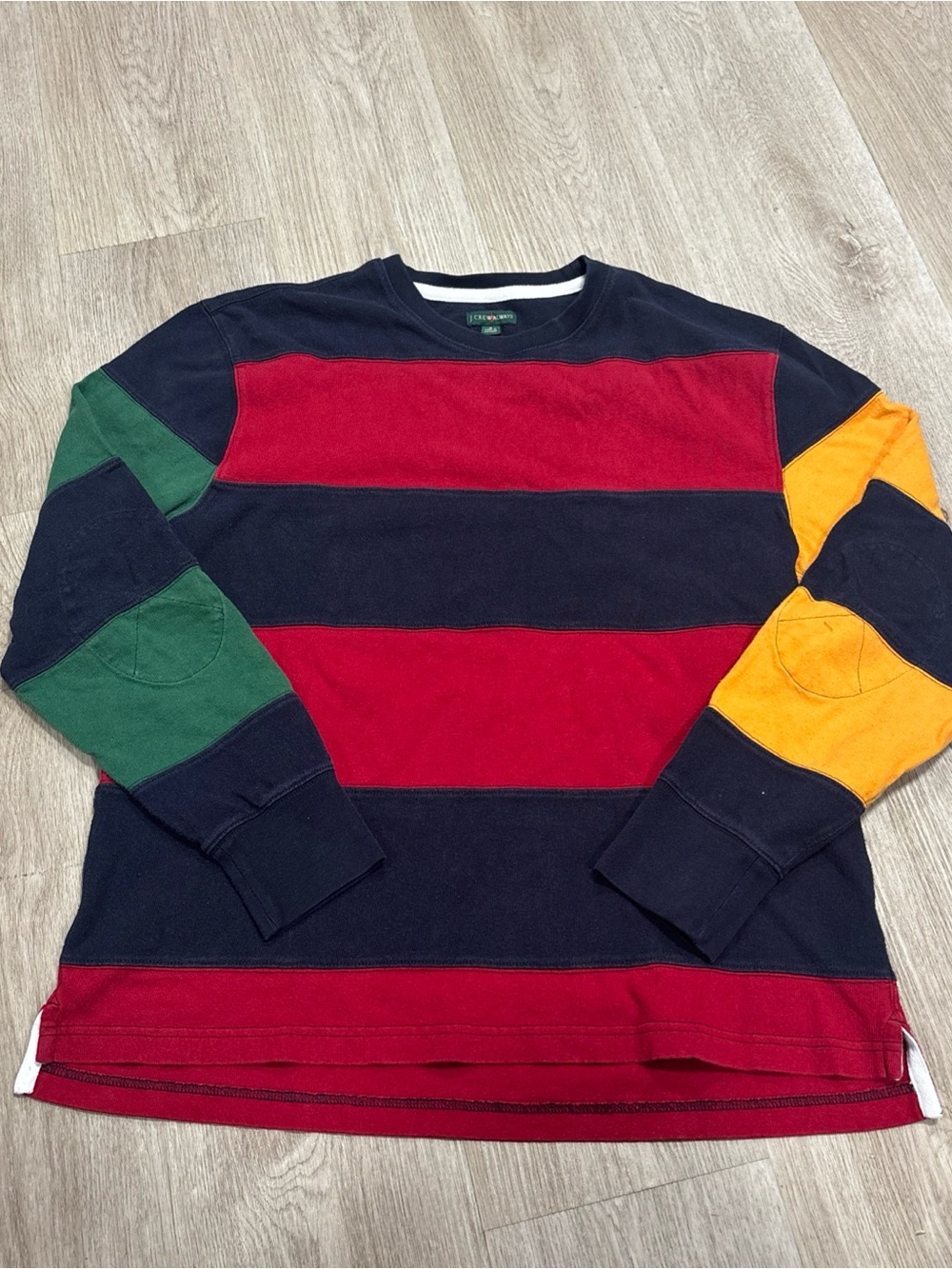 J Crew Always Oarsman 1984 Rugby Striped Crewneck Sweater Men’s SZ M Elbow Patch